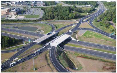 An aerial photo of the new double bridge diverging diamond interchange.