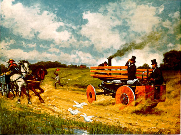 Image:  On a rural road, a steam-powered vehicle frightens the horses of an oncoming wagon.