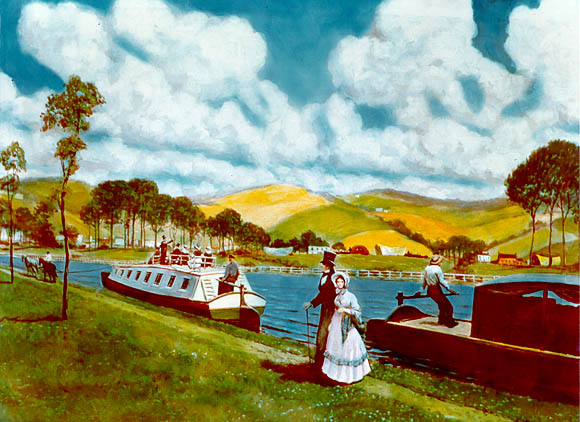 Image: A pastorale scene shows boats and strollers along the banks of the Erie Canal.