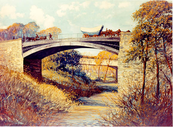 Image:  Horse-drawn wagons travel over an iron bridge in this fall scene.