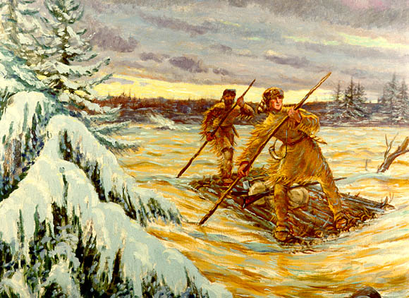 Image:  Two men, dressed in buckskin, travel down a river on a raft.