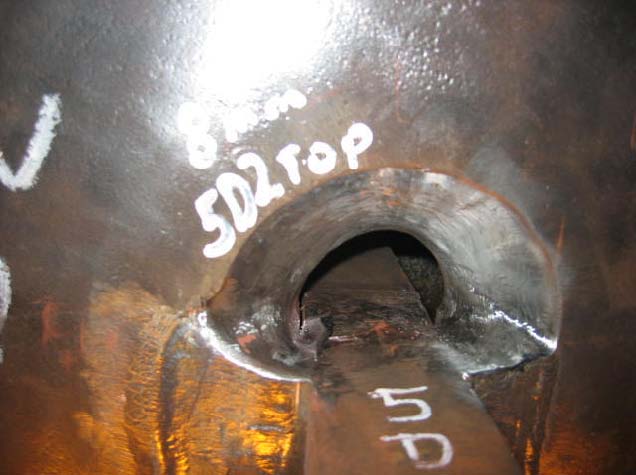 Figure 12: Top of pile connection plate weld at location 5D after grinding magnetic particle indications at tab removal sites.