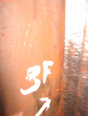 Figure 15: Magnetic particle indication at pile connection plate weld 3F in connection plate. Indication removed by light grinding, no flaw detected.