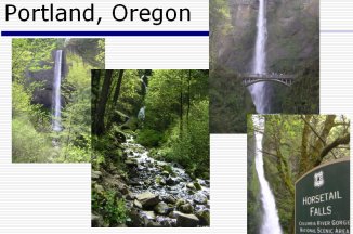 The words Portland, Oregon and four photos of nature scenes, water falls, etc.