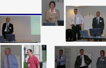 five images of people standing in a classroom.