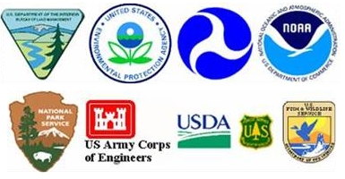 Logos of Several resource agency partners which contributed to the development of Eco-Logical, including U.S. Dept. of the Interior, the EPA, FHWA, NOAA, the National Park Service, U.S. Army Corps of Engineers, USDA, and US Fish and Wildlife Service.