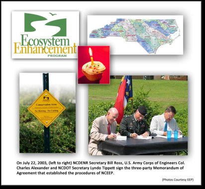 On July 22, (2003, left to right) NCDENR Secretary Bill Ross, U.S. Army Corps of Engineers Co. Charles Alexander and NCDOT Secretary Lyndo Tippett sign the three-party Memorandum of Agreement that established the procedures of NCEEP