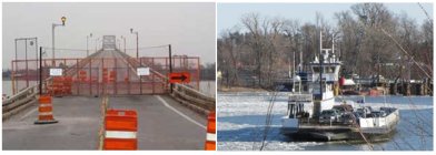 Photos showing closed bridge and the ferry service. The impact of abrupt bridge closing was lessened by temporary ferry service for commuters