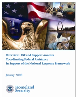 Screenshot of the cover of Overview: ESF and Support Annexes Coordinating Federal Assistance in Support of the National Response Framework published by the Department of Homeland Security.