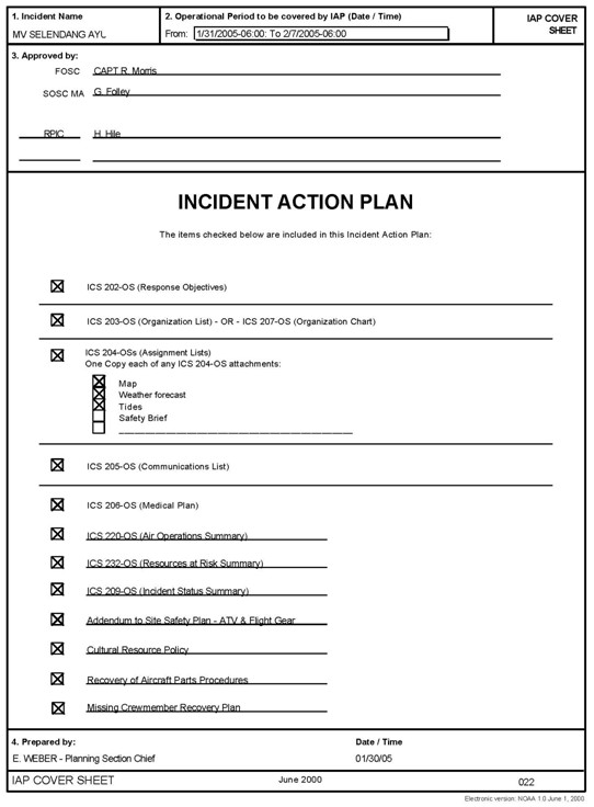 Screen capture of an IAP cover sheet containing information about what is included in the plan. Information includes incident name, period covered, and a checklist of items that are included in the action plan ranging from org charts to assignment plans to medical plans and cultural resource recovery plans. 