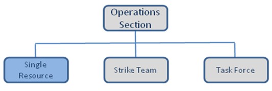 Organizational chart depicting the operations section with three reporting elements: the task force, the strike team, and the single resource, which is highlighted in the image.