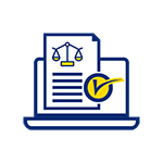 Laptop computer, scales of justice, and a check mark