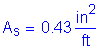 Formula: A subscript s = 0 point 43 square inches per foot