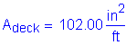 Formula: A subscript deck = 102 point 00 square inches per foot
