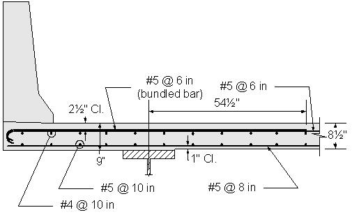 Figure 2-17 Superstructure Positive Moment Deck Reinforcement: This is a deck overhang with parapet cross section showing and designating transverse and longitudinal bars. Overhang deck thicknes is 9 inches. Interior bay deck thickness is 8 and one half inches.Top transverse overhang bars are Number 5 at 6 inches parenthesis bundled bars parenthesis with Number 5 at 6 inch top transverse negative flexure bars. Clearance for all transverse bars is 2 and on half inches. Bottom transverse bars are number 5 at 8 inches. Clearance for bottom transverse bars is one inch in interior bays. Top longitudinsal bars are Number 4 at 10 inches. Bottom longitudinal bars are Number 5 at 10inches. Number 5 at 6 inch top overhang transverse bars extend 54 and one half inches into bay one. 