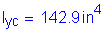 Formula: I subscript yc = 142 point 9 inches superscript 4