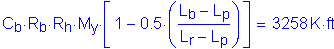 Formula: C subscript b times R subscript b times R subscript h times M subscript y times left bracket 1 minus 0 point 5 times ( numerator (L subscript b minus L subscript p) divided by denominator (L subscript r minus L subscript p) ) right bracket = 3258 K feet