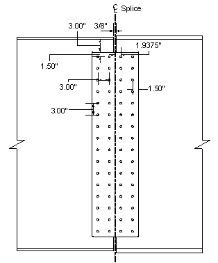 This figure shows an elevation view of the splice. The gap between the sections of the girders is three-eights of an inch. The vertical and horizontal edge distances are both 1 point 50 inches. The distance from the centerline of the splice to the centerline of the first row of vertical bolts is one point 9375 inches. The horizontal row spacing and the vertical row spacing are both 3 inches. The distance from the bottom of the top flange to the edge of the splice plate is 3 inches.