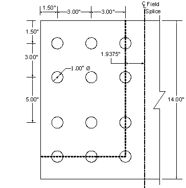 This sketch shows the outside splice plate for the bottom flange being checked for block shear failure. The distance from the centerline of the splice to the centerline of the first row of vertical bolts is one point 9375 inches. The plate width of 14 inches and an edge distance of 1 point 5 inches. There are three vertical rows of bolts with a 3 inch spacing. There are four horizontal rows of bolts with a 3 inch spacing between the first and second rows, a 5 inch spacing between the second and third rows and a 3 inch spacing between the third and fourth rows. There are 1 inch diameter bolt holes in the plate.