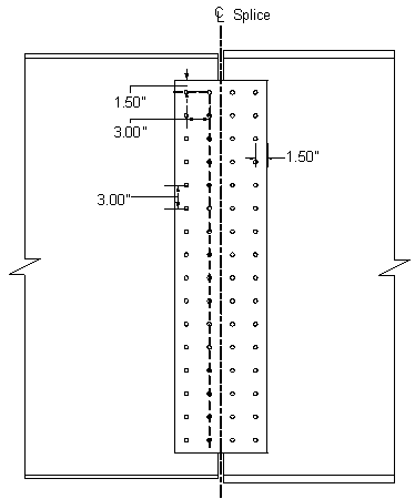 This figure shows an elevation view of the web splice and the mode of block shear failure. The vertical and horizontal edge distances are both 1 point 50 inches. The horizontal row spacing and the vertical row spacing are both 3 inches. The failure mode is vertically thru the vertical row of blots closest to the centerline of the splice and horizontally thru the top two horizontal bolts.