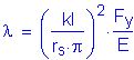 Formula: lamda = ( numerator (kI) divided by denominator (r subscript s times pi) ) squared times numerator (F subscript y) divided by denominator (E)