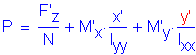 Formula: P = numerator (F prime subscript z) divided by denominator (N) + M prime subscript x times numerator (x prime) divided by denominator (I subscript yy) + M prime subscript y times numerator (y prime) divided by denominator (I subscript xx)