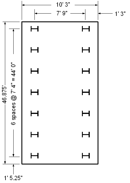 This figure shows a pile footing with a length of 46 feet and a width of 10 feet 3 inches. The pile spacing in the width direction is 7 feet 9 inches and the pile spacing in the length direction is 7 feet 4 inches. The number of pile spaces is the width direction is one and number of pile spaces is the length direction is 6. Therefore, the total pile spacing in the width direction is 7 feet 9 inches and the total pile spacing in the length direction is 44 feet 90 inches. The edge distance in the length direction is 1 foot 5 and one quarter inches and the edge distance in the width direction is 1 foot 3 inches.