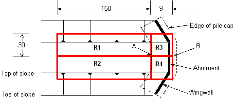 This figure shows the plan view of the approach embankment. Area R3 and R4 are closest to the abutment. Area R1 is in the upper left portion of the plan, Area R2 is in the lower left, Area R3 is in the upper right and Area R4 is in the lower right. Area R1 and R2 have a length of 150 feet and a width of 30 feet. Area R3 and R4 have a length of 9 feet and a width of 30 feet. 