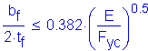 Formula: numerator (b subscript f) divided by denominator (2 times t subscript f) less than or equal to 0 point 382 times ( numerator (E) divided by denominator (F subscript yc) ) superscript 0 point 5