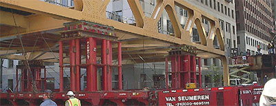 111-ft long, 25-ft high, 425-ton truss span installed over a weekend. Wells Street Bridge, Chicago 2002