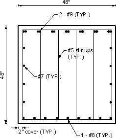 Figure showing the pier cap cross section with all reinforcement shown, including the stirrups. Section width is 48 inches. Section thickness is 48 inches.