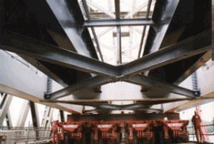 A bird's eye view of the bridge span during transportation to the construction site.