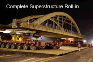 Picture showing a complete Superstructure Roll-in utilizing the self propelled modular transporters.