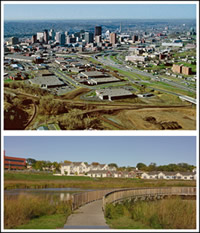 Aerial photo of the previously existing and blighted industrial brownfield areas east of downtown St. Paul and photo of a new housing redevelopment and restoration of a wetland that had been paved over by development decades ago