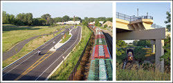 Photo of the new Phalen Boulevard Corridor and the allocation of space for multimodal, recreational, and environmental purposes. The corridor includes a multi-use path, roadway, and rail line, with vegetated buffers in between. And photo of the Westminster Bridge as it spans over active rail lines and historic rail