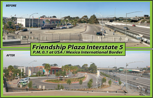 Before and after views of the Camiones Way cul-de-sac plaza and walkways. The finished cul-de-sac is enhanced with vegetation, decorative railing, and colored concrete.