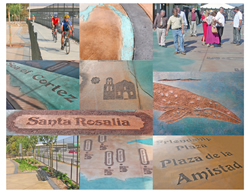 Photographic collage of design details highlighting graphic and decorative pavements, separated bikeway, furnishings, and landscaping. Images in the decorate pavements use color and texture to portray images of local wildlife, history, and names of local places.
