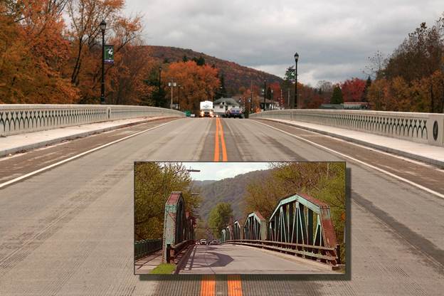 Photo inset of old bridge on a larger photo of new bridge