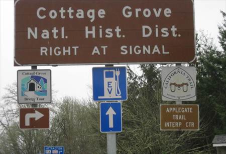 Photo of signs. In particular a new blue sign with a gas pump showing a plug at end instead of nozzle and an 'EV' on tank.