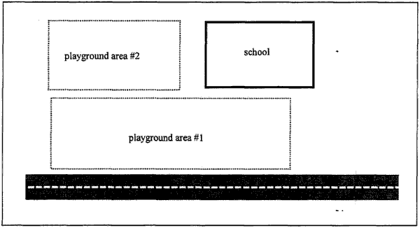 Figure 3. Areas of Frequent Human Activity at a School. Playground area 2 is to the left of the school. Playground area 1 is in front of the school by a road.