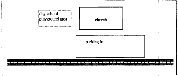 Figure 7. Area of Frequent Human Activity at a Church. Top left, day school playground area. Top right, church. In front of the church is a parking lot by a road.