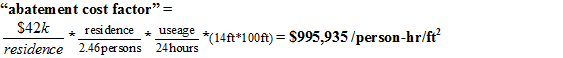  equation: abatement cost factor= $42k/residence times residence/2.46 person times useage/24 hours Times (14ft*100ft)=$995,935/person-hr/ft