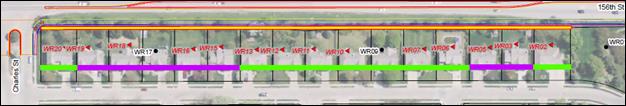 Figure 29 is a photo of showing the layout of green space between the road and the noise barrier for the 156th Street project in Omaha, NE. Some receptors will receive 5 dB or greater noise reduction while others will receive 7 dB or greater reduction. 