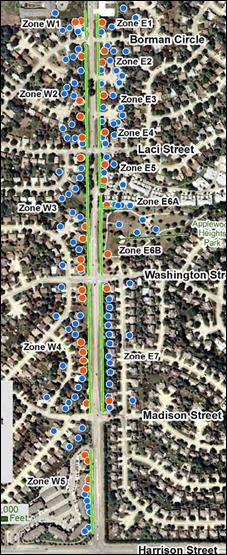 Figure 30 is an aerial photo of 108th Street study area, Omaha, NE, showing tree zones. Voting results are shown by the dots. 