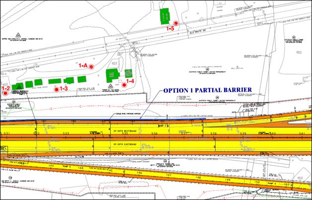 Interstate 78 project noise study report graphic showing Option 1 of a proposed partial-length noise barrier (plan)