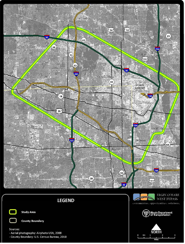 This graphic is an aerial image. It shows an outline of the study area which encompasses O'Hare Airport as well as portions of Interstate 90, 290, and 294 and other roadways.