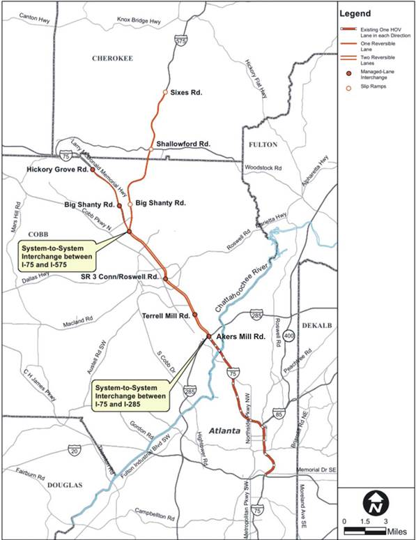 This map shows major roads north and west of downtown Atlanta. Project improvements along Interstates 75 and 575, including interchanges and reversible lanes, are indicated.