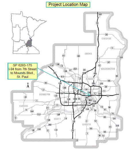 This map shows the Twin Cities region including major highways and counthy boundaries. The project location is pointed out along Interstate 94 in downtown St. Paul.