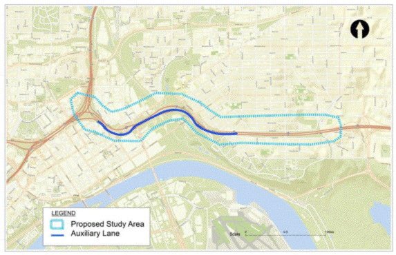 This map shows the area around downtown St. Paul and to the east, with the study area boundary drawn as a buffer around the new auxiliary lane segment along Interstate 94.