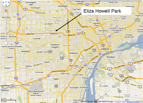 Figure 1 bottom image: Roadmap of Detroit, MI depicting Eliza Howell Park just north of Redford.
